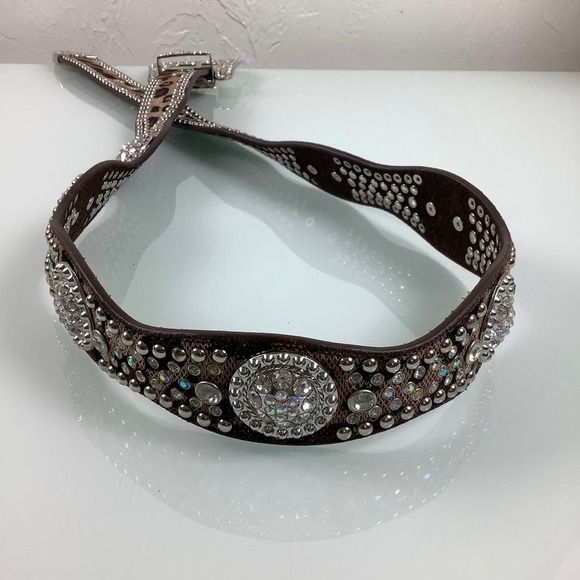 Nocona Western Bling Conchos Rhinestones and Studs Brown Belt SZ L EUC main image 10